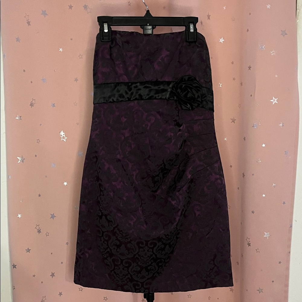 Strapless Purple Dress with Black Detail & Rose Belt - Junior